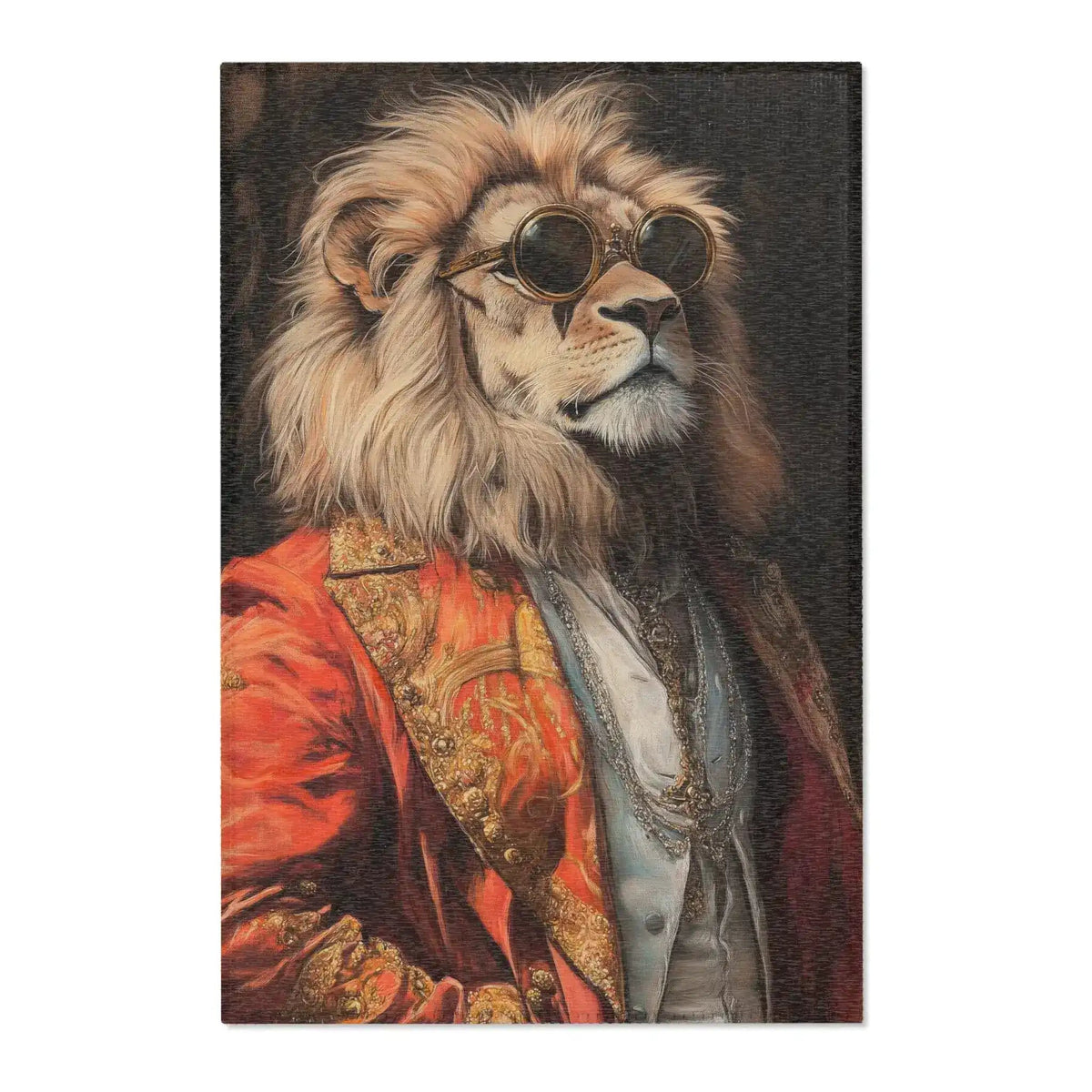 Dignified lion wearing ornate red baroque coat and circular sunglasses, textured woven surface of the Golden Majesty Luxe Lion Accent Rug