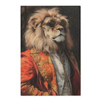 Dignified lion wearing ornate red baroque coat and circular sunglasses, textured woven surface of the Golden Majesty Luxe Lion Accent Rug