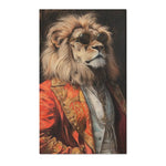 Dapper anthropomorphic lion in red baroque jacket with gold embroidery and round sunglasses, dark oil-painting portrait on the Golden Majesty Luxe Lion Accent Rug