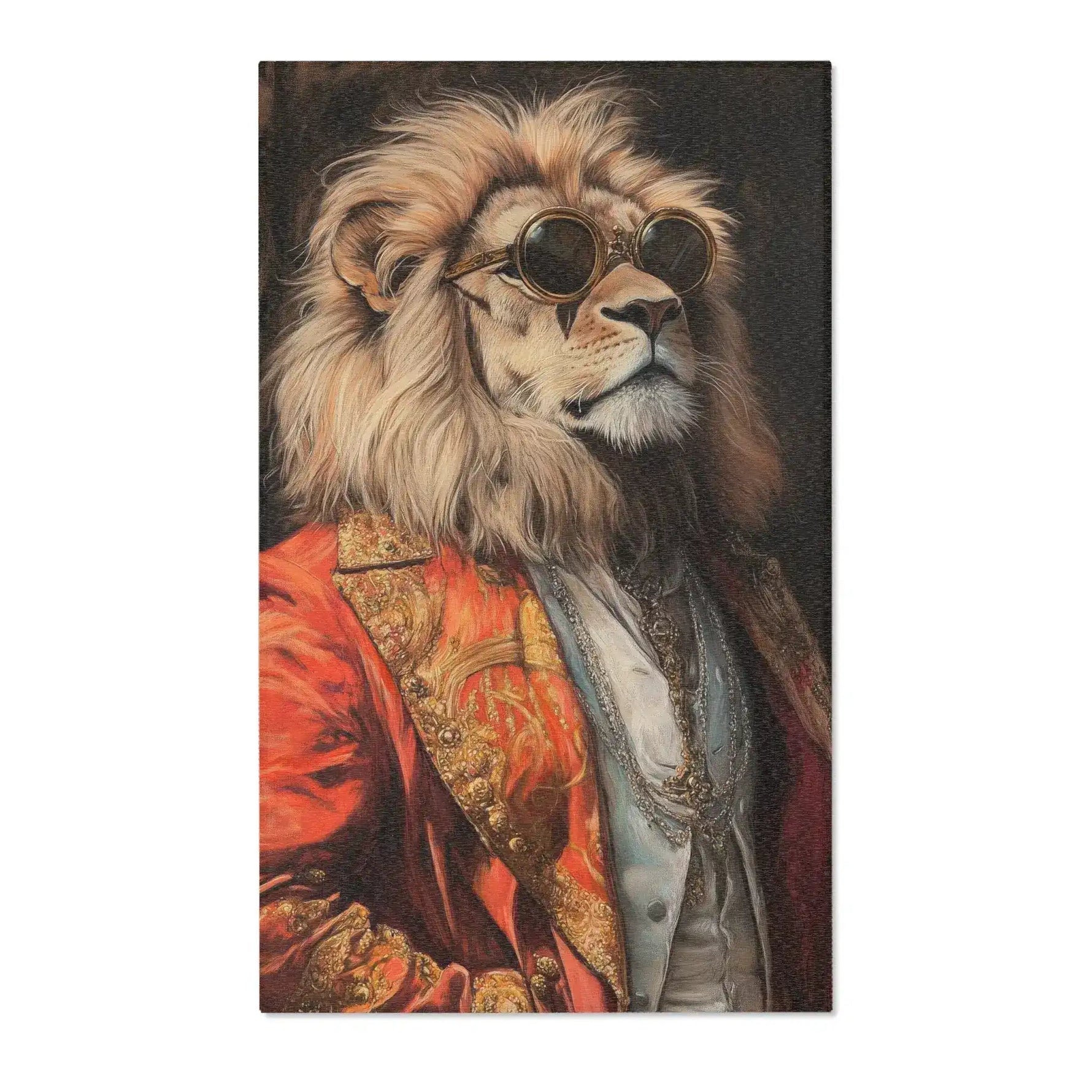 Dapper anthropomorphic lion in red baroque jacket with gold embroidery and round sunglasses, dark oil-painting portrait on the Golden Majesty Luxe Lion Accent Rug