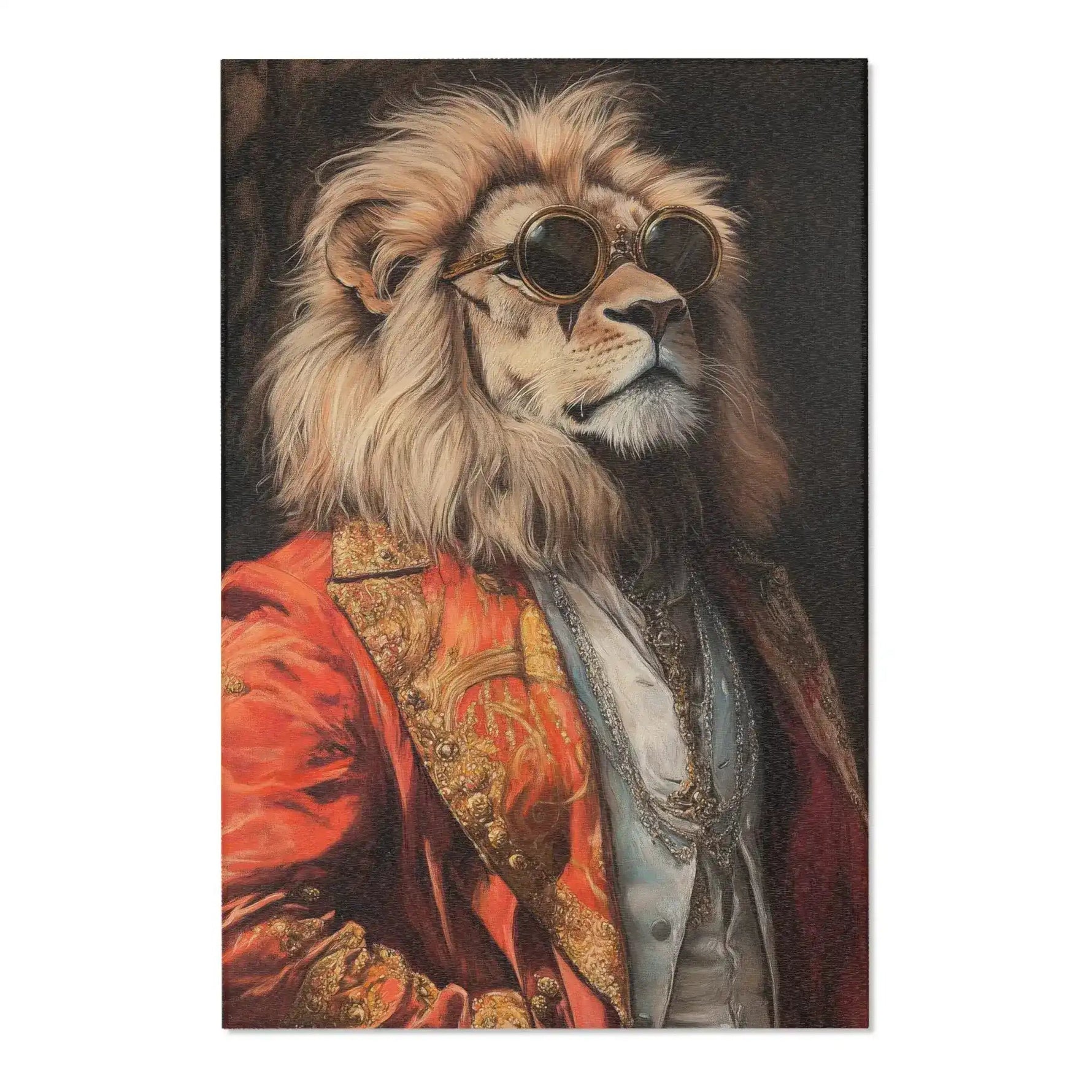 Regal lion in embroidered red coat with gold trim and vintage sunglasses, visible fabric weave on the Golden Majesty Luxe Lion Accent Rug