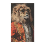 Golden Majesty Luxe Lion Cotton Kitchen Towel flat lay, lion portrait in round dark sunglasses, gold-trimmed red baroque jacket, silver chain on dark background