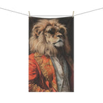 Golden Majesty Luxe Lion Cotton Kitchen Towel hanging on clothesline, full lion portrait in baroque red jacket and dark sunglasses on black background