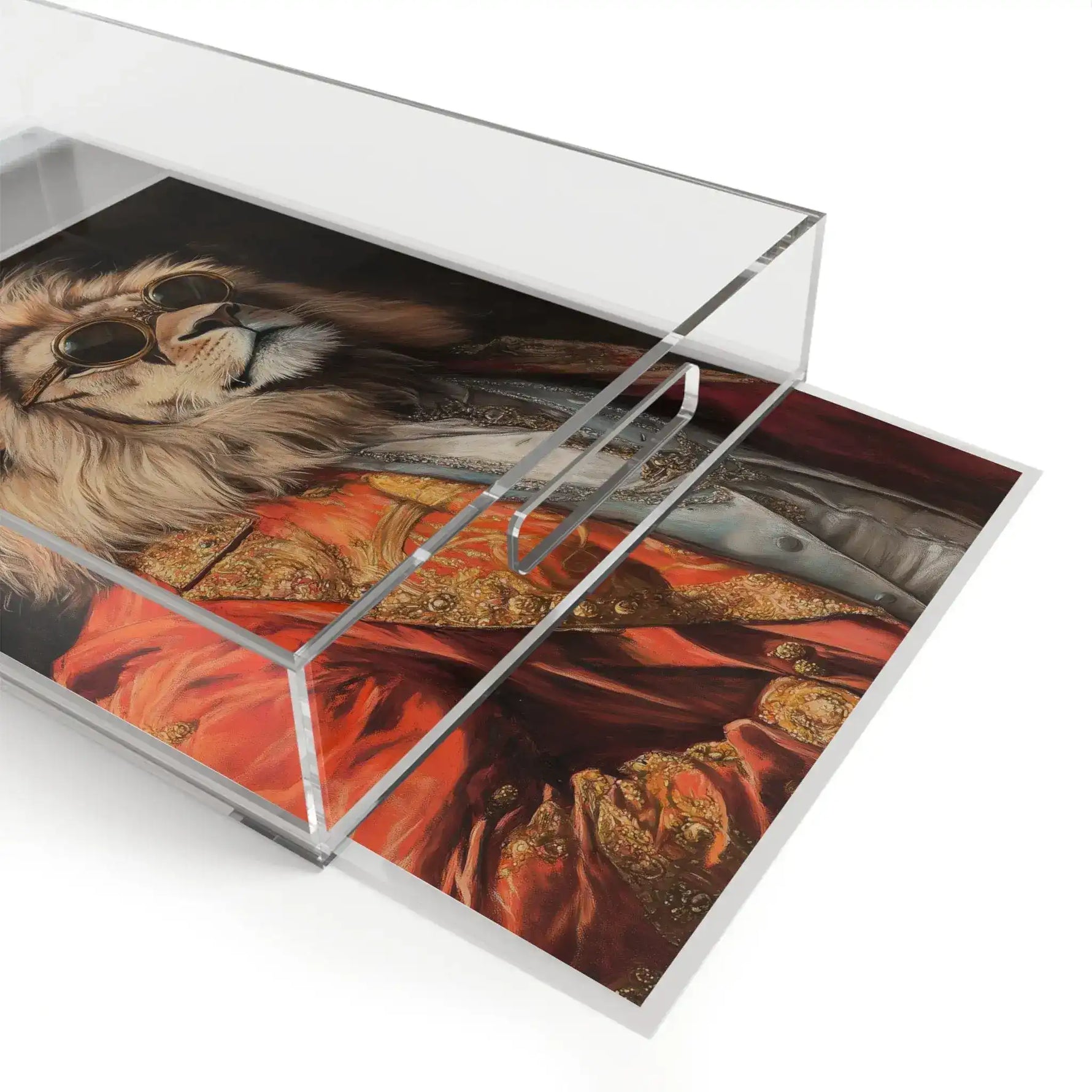 Angled close-up of Golden Majesty Luxe Lion Serving Tray in clear acrylic with lion portrait art being lifted out