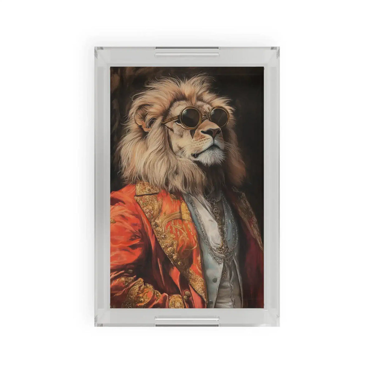 Clear acrylic Golden Majesty Luxe Lion Serving Tray displaying dapper lion in round sunglasses and red velvet baroque jacket