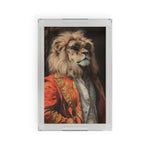 Clear acrylic Golden Majesty Luxe Lion Serving Tray displaying dapper lion in round sunglasses and red velvet baroque jacket