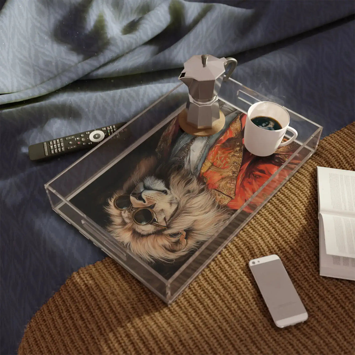 Golden Majesty Luxe Lion Serving Tray on bedside table with moka pot and coffee mug beside book and phone