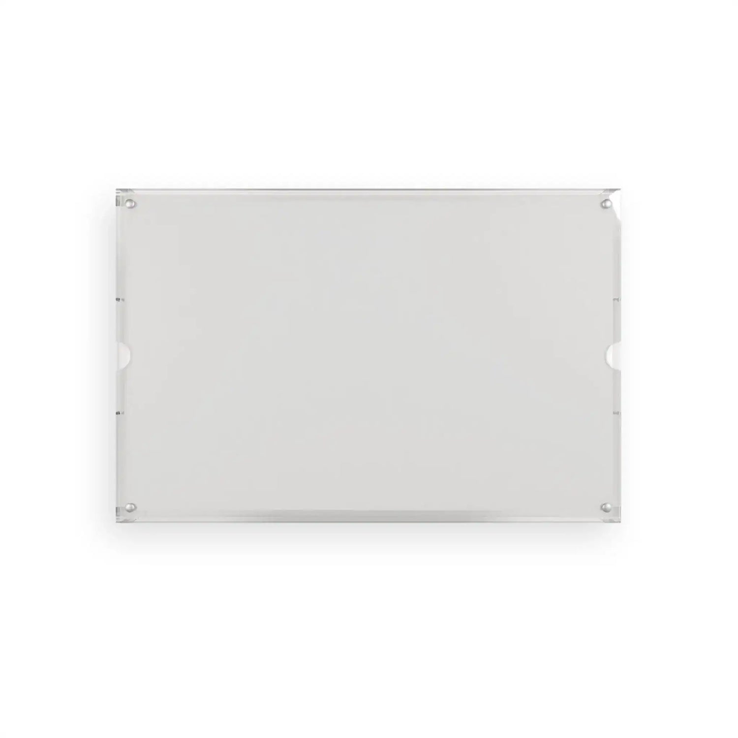 Clear acrylic serving tray underside showing flat white rectangular base with four silver corner screws and cutout side handles