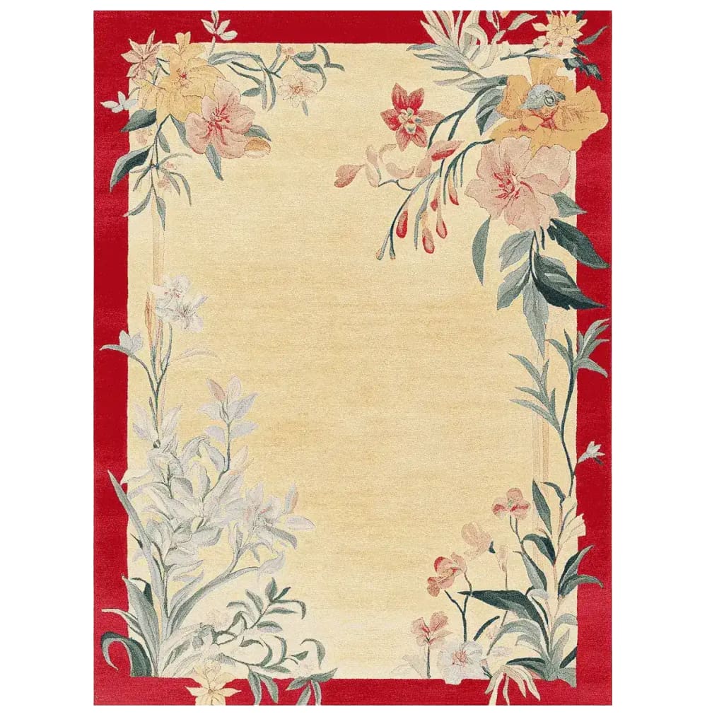 Captivating Golden Meadow Hand Tufted Area Rug featuring a vibrant floral border on a soft beige background, perfect for adding elegance to large living rooms. This wool rug brings warmth and style, making it an ideal choice for rugs for living room settings.