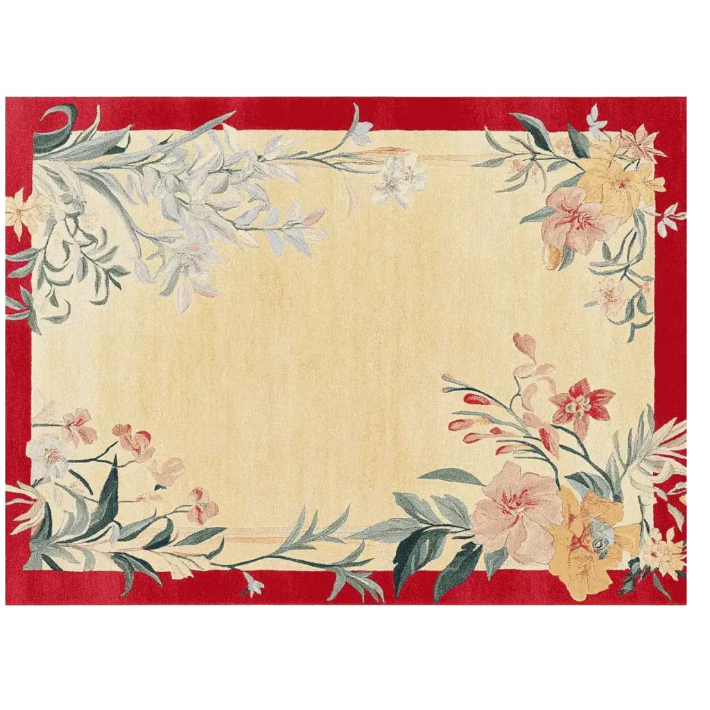 Golden Meadow Hand Tufted Area Rug featuring a vibrant floral design with a rich red border, perfect for adding elegance to large living rooms. This wool rug offers a classic touch to rugs for living room settings.