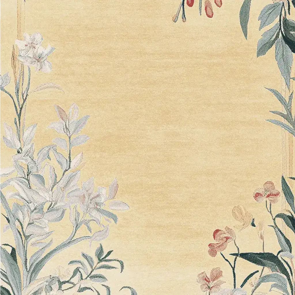 Golden Meadow Hand Tufted Area Rug featuring delicate floral patterns on a soft yellow background. This wool rug is an elegant choice for large living room spaces, adding a touch of nature-inspired beauty to any setting. Ideal for those seeking stylish rugs for living room decor.
