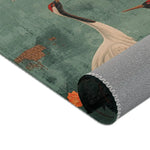 Golden Moon and Crane Harmony Rug rolled corner detail showing teal crane pattern and grey non-slip backing
