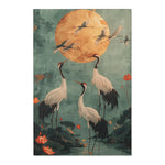 Golden Moon and Crane Harmony Rug Japanese-style crane print with red-crowned birds lotus blooms and gold moon on teal