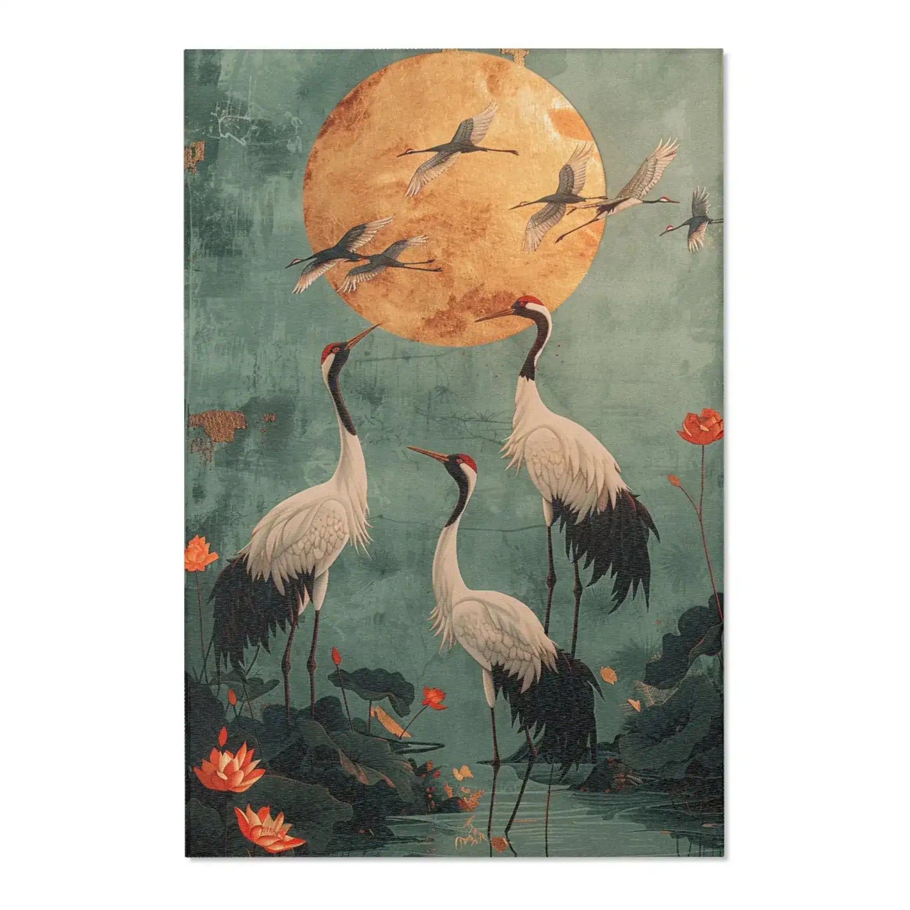Golden Moon and Crane Harmony Rug Japanese-style crane print with red-crowned birds lotus blooms and gold moon on teal
