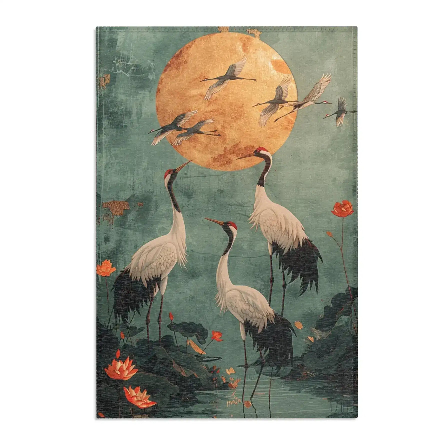 Golden Moon and Crane Harmony Rug front view, white cranes surrounding a golden moon on distressed teal background