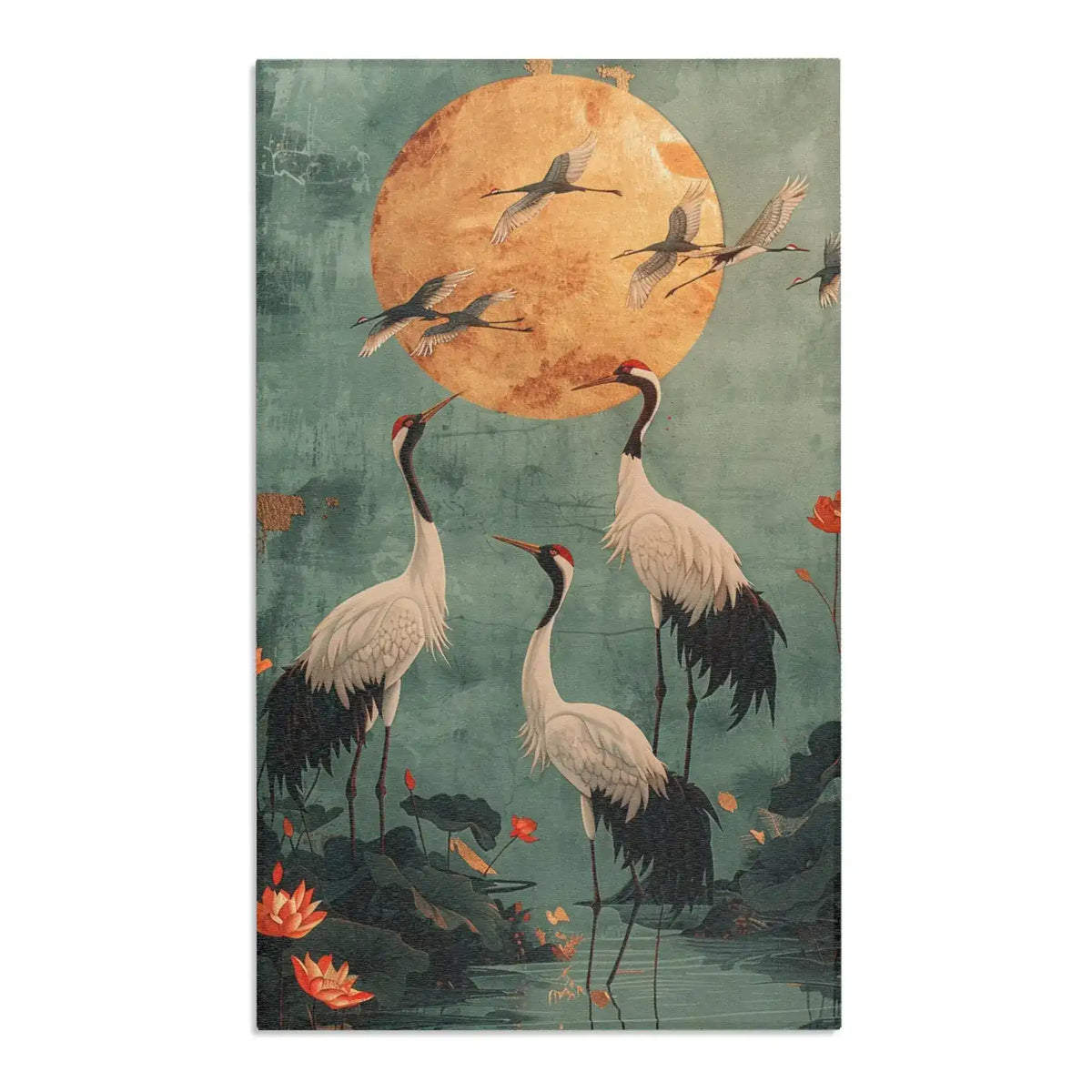 Golden Moon and Crane Harmony Rug full view, flying cranes standing birds lotus flowers and gold circular moon on teal