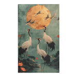 Golden Moon and Crane Harmony Rug full view, flying cranes standing birds lotus flowers and gold circular moon on teal