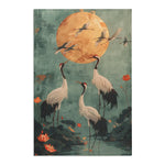 Golden Moon and Crane Harmony Rug portrait view, cranes at lotus pond beneath golden full moon on aged teal field