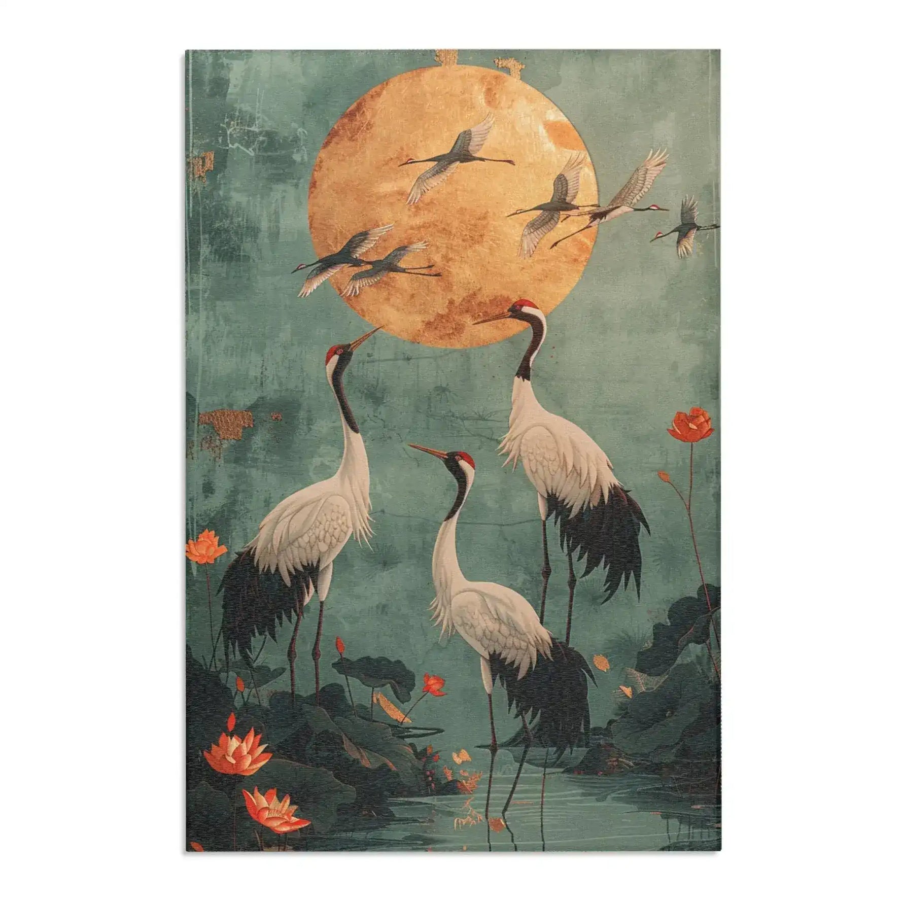 Golden Moon and Crane Harmony Rug portrait view, cranes at lotus pond beneath golden full moon on aged teal field