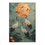 Golden Moon and Crane Harmony Rug flat lay, teal aged ground with cranes lotus flowers and golden moon