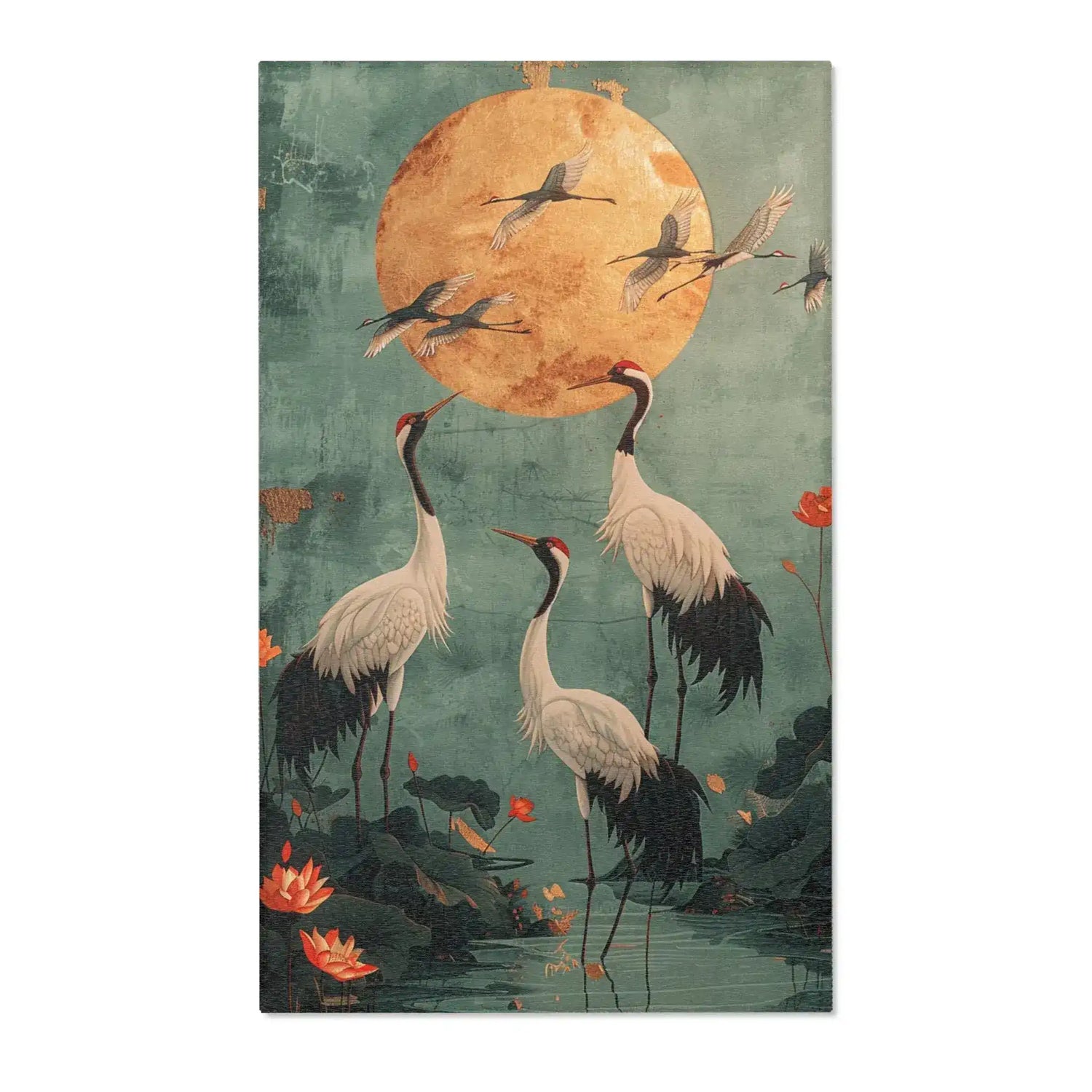 Golden Moon and Crane Harmony Rug styled in a modern living room with terracotta sofa botanical wall mural