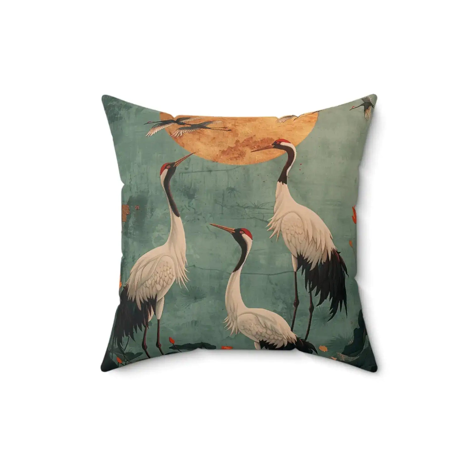 Golden Moon & Crane Serenity Pillow slightly lower angle — teal distressed background with three red-crowned white cranes and amber golden moon overhead
