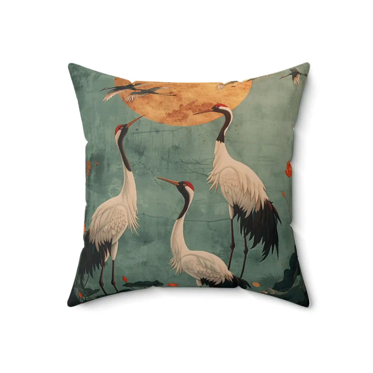 Golden Moon & Crane Serenity Pillow elevated wider angle — teal background with crane grouping and full golden moon on square plush pillow