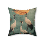 Golden Moon & Crane Serenity Pillow elevated wider angle — teal background with crane grouping and full golden moon on square plush pillow