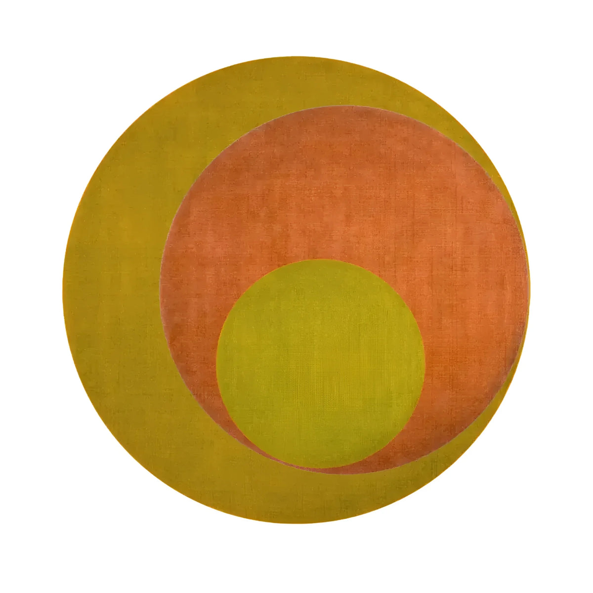 Top view of a Golden Orange Geometry Round Hand Knotted Wool Rug, showcasing its vibrant orange and yellow concentric circle design. Perfect for adding a touch of modern elegance to any bedroom or living room, this area rug is a stylish choice for those seeking unique bedroom rugs or area rugs for living room spaces.