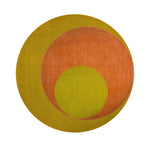 Top view of a Golden Orange Geometry Round Hand Knotted Wool Rug, showcasing its vibrant orange and yellow concentric circle design. Perfect for adding a touch of modern elegance to any bedroom or living room, this area rug is a stylish choice for those seeking unique bedroom rugs or area rugs for living room spaces.