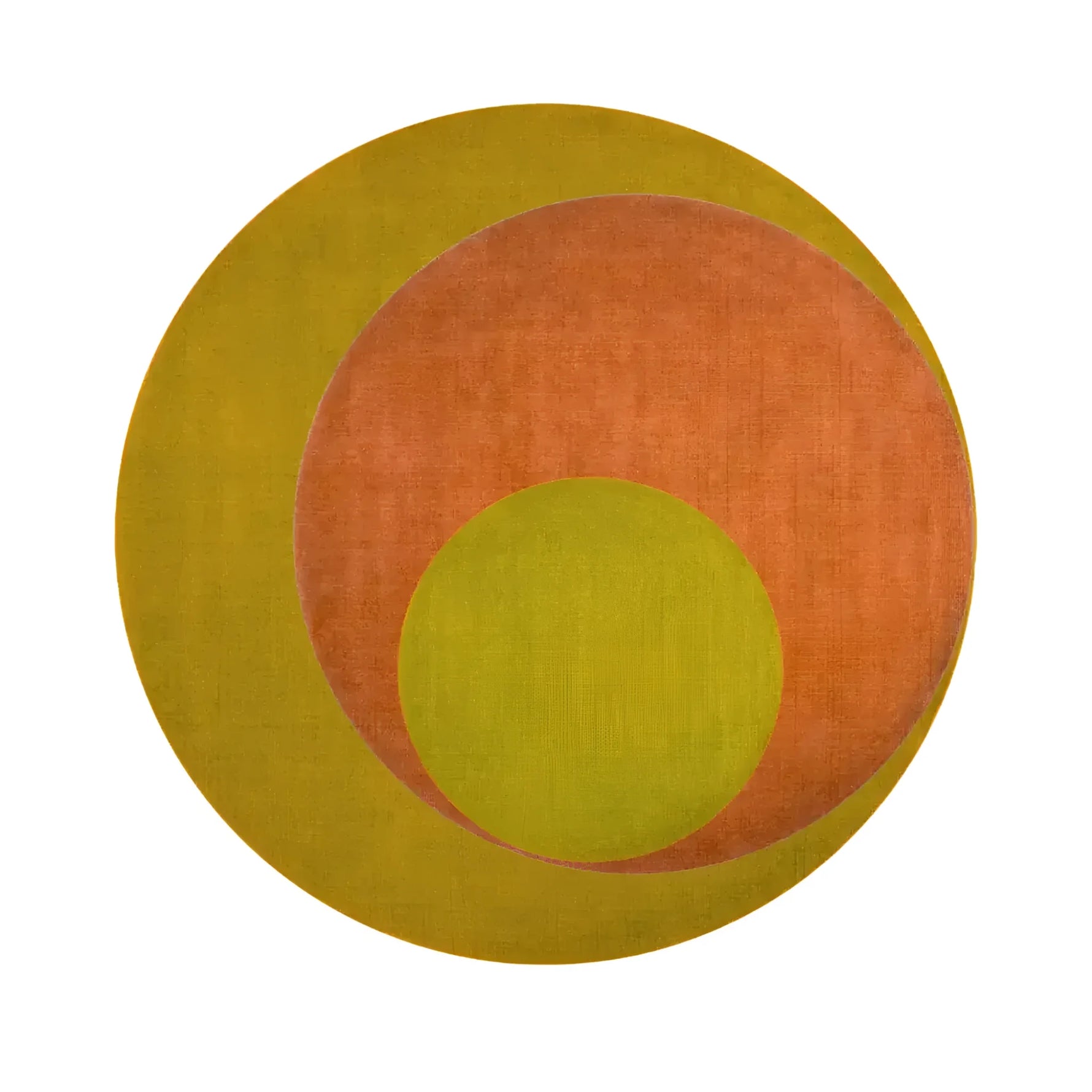 Top view of a Golden Orange Geometry Round Hand Knotted Wool Rug, showcasing its vibrant orange and yellow concentric circle design. Perfect for adding a touch of modern elegance to any bedroom or living room, this area rug is a stylish choice for those seeking unique bedroom rugs or area rugs for living room spaces.