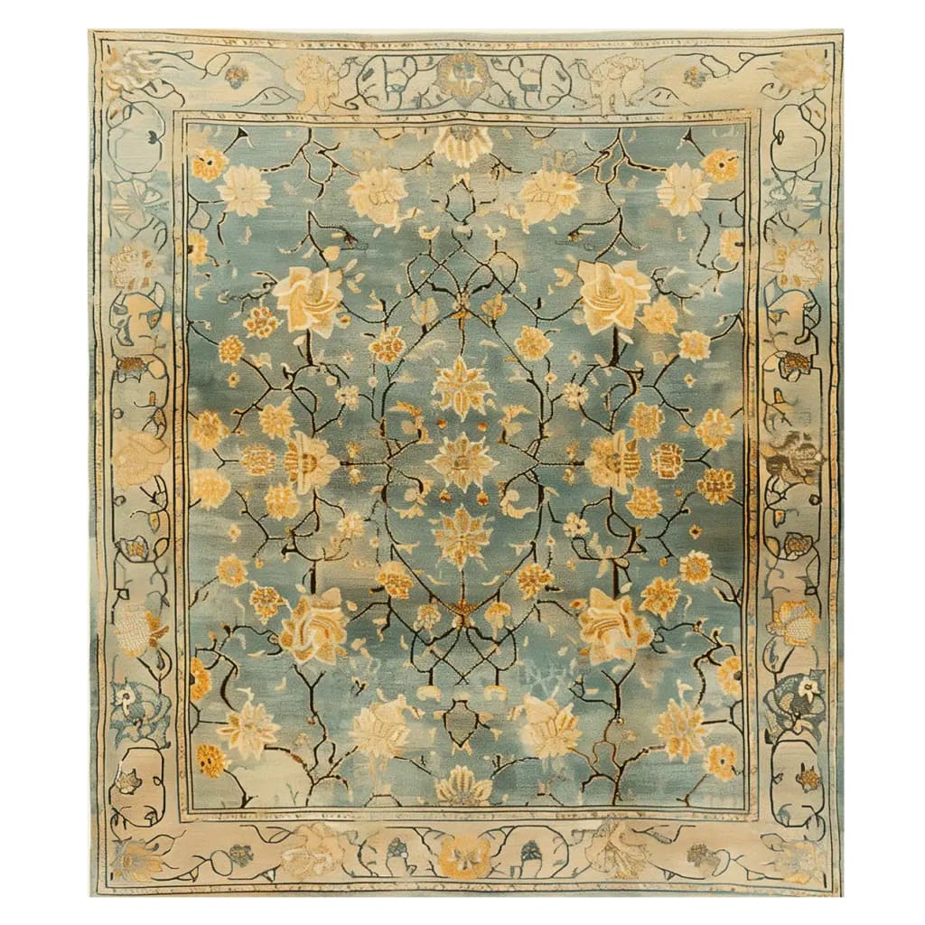 Top view of the Golden Petals Hand Tufted Wool Rug, an elegant area rug featuring intricate vintage floral patterns in warm gold and blue hues. Perfect for adding a touch of sophistication to living room spaces, this 8x10 wool rug enhances any decor with its timeless design.