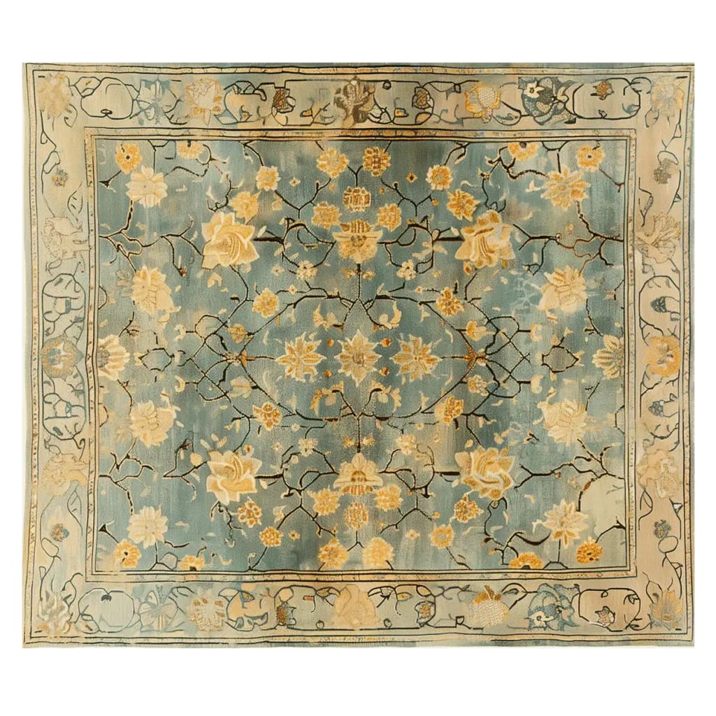 Elegant Golden Petals Hand Tufted Wool Rug featuring intricate floral designs in warm golden hues on a soothing blue background. This vintage-inspired area rug is perfect for adding a touch of sophistication to your living room decor. Ideal as a living room rug in an 8x10 size, it combines traditional craftsmanship with modern elegance, making it a standout piece for any home.
