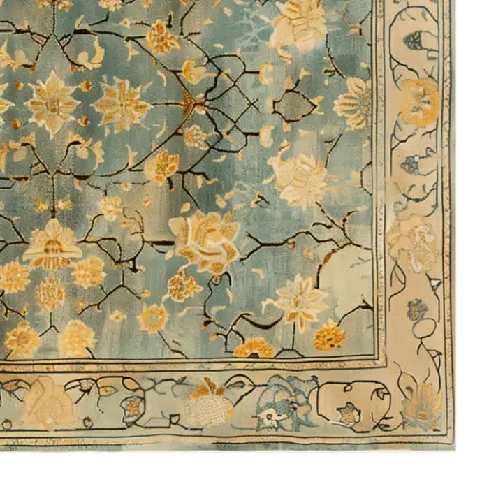 Top view of a Golden Petals Hand Tufted Wool Rug, featuring an intricate vintage floral design with golden petals on a soft blue background. This 8x10 area rug is perfect for adding a touch of elegance to your living room decor.