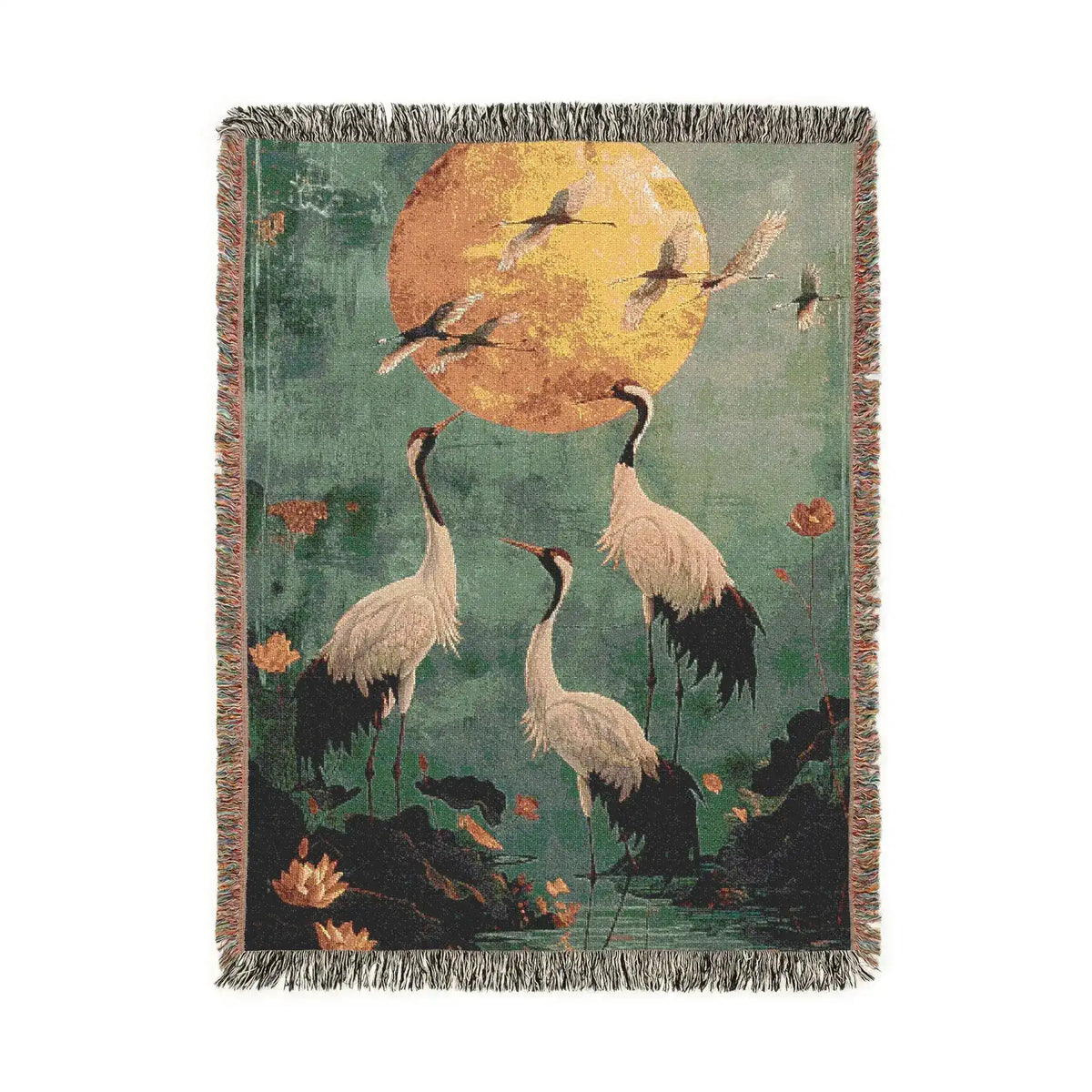 Golden Serenity woven blanket with dark navy ground, scattered orange and purple wildflowers, blue foliage, vertical format