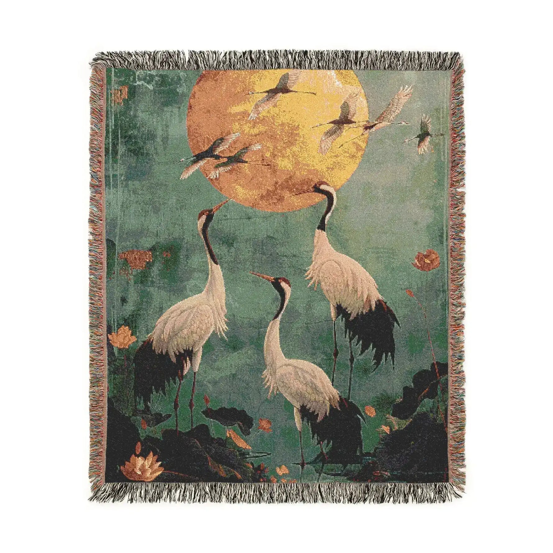 Golden Serenity Cranes at Dusk Woven Blanket full view showing white cranes and golden moon on deep green ground with fringe edge