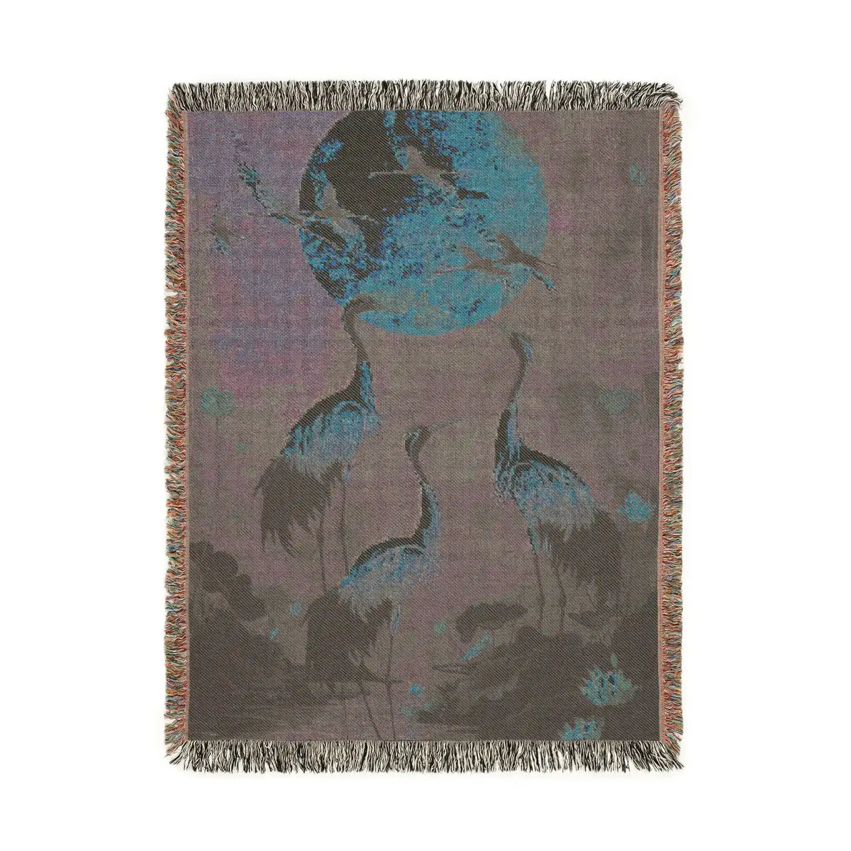 Golden Serenity Cranes at Dusk Woven Blanket reverse view with muted teal cranes and blue moon on dusty mauve ground, fringe border