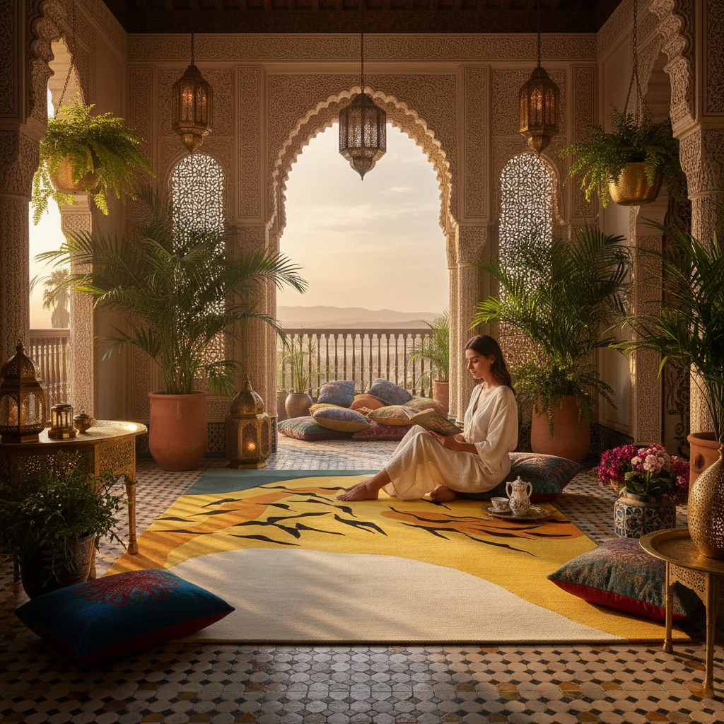 Woman sitting on a colorful rug in a ornate room with plants and lanterns