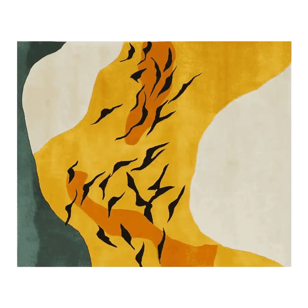A vibrant area rug featuring a hand-tufted design with a mix of golden, black, and earthy tones, showcasing an abstract pattern reminiscent of birds in flight. This wool rug is perfect for contemporary home decor, especially as an eye-catching area rug for living rooms.
