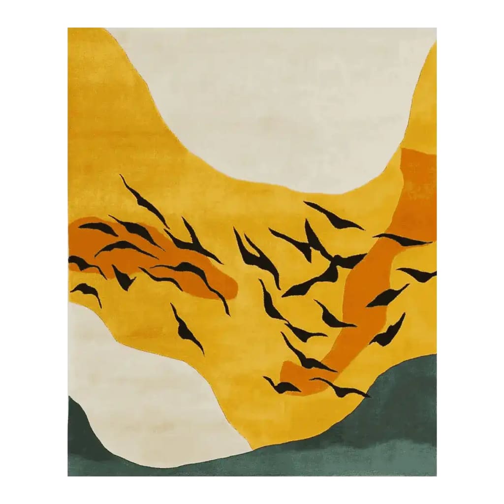 A vibrant Golden Sky Birds Hand Tufted Area Rug featuring a contemporary design with abstract bird patterns in shades of gold, black, and green. This wool rug is perfect for adding a touch of elegance to your living room, combining modern style and comfort.