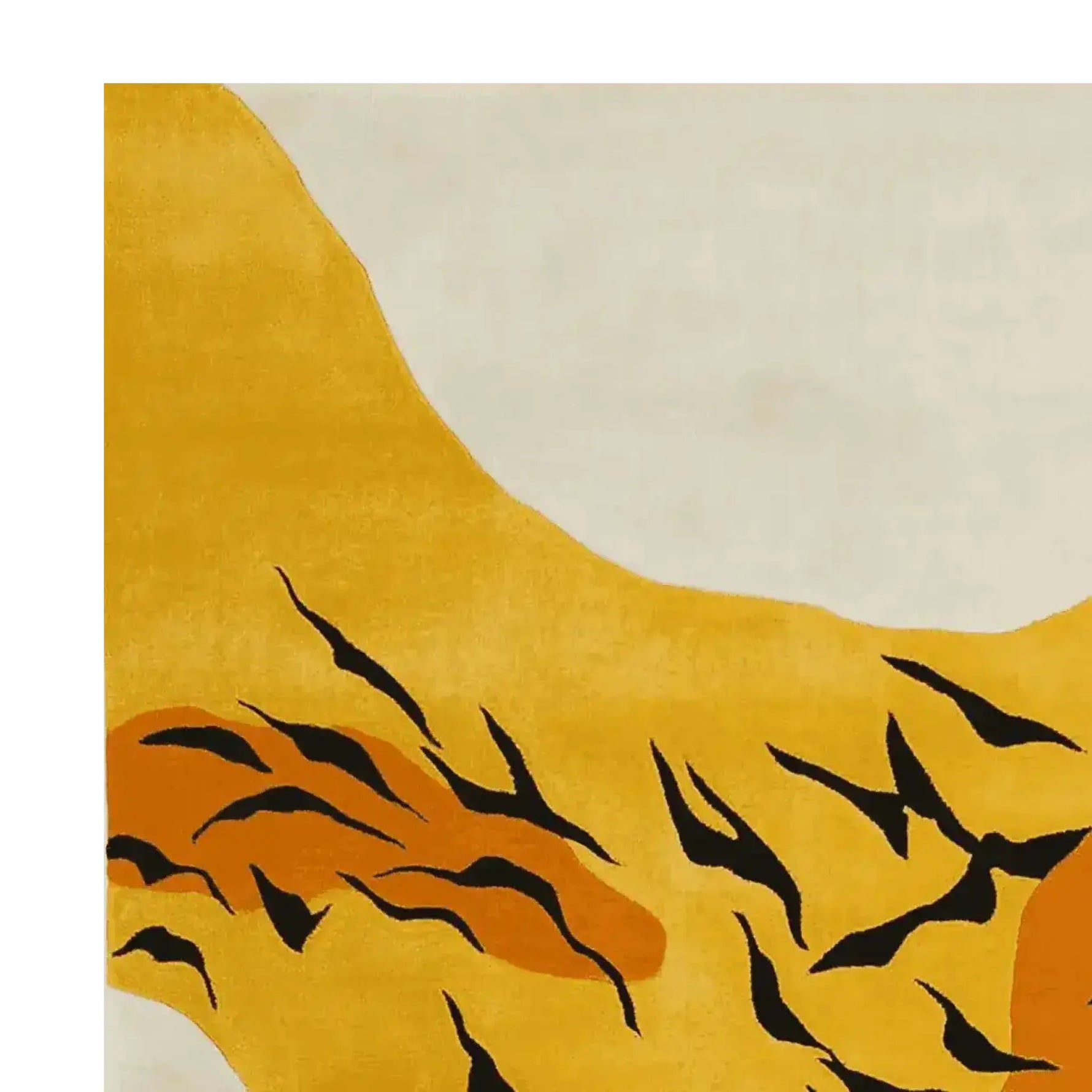 Close-up view of the Golden Sky Birds Hand Tufted Wool Rug, showcasing its vibrant abstract design. This contemporary area rug features a striking combination of golden hues with bird-like patterns, making it an ideal wool rug for living room settings.