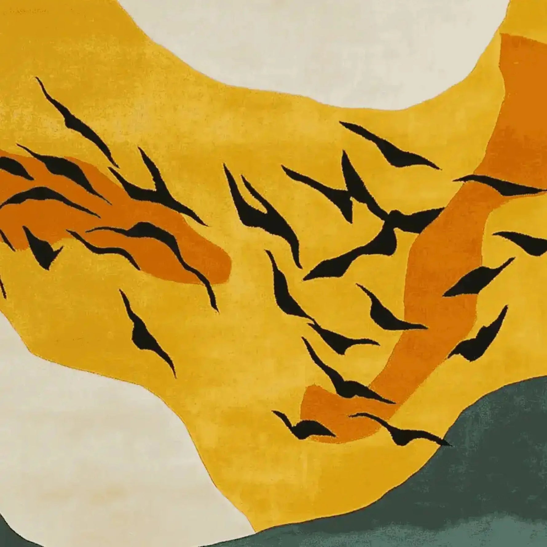 Vibrant Golden Sky Birds hand-tufted area rug in rich shades of yellow, orange, and black, ideal for a contemporary living room. This wool rug showcases an abstract bird design, adding a unique touch to any space. A perfect choice for those seeking stylish area rugs for the living room.