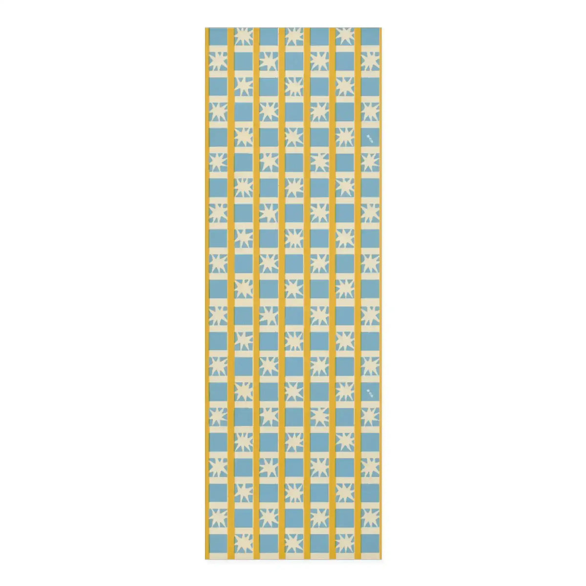 Golden solstice yoga mat in a blue, cream and gold checkered grid with starburst squares