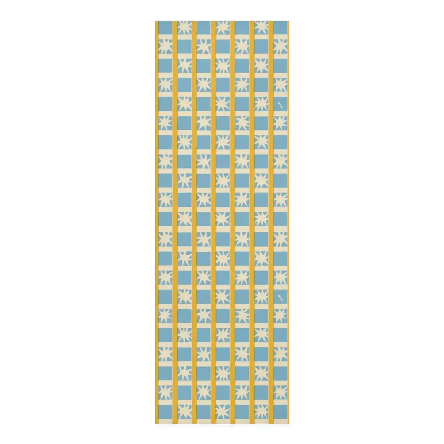 Golden solstice yoga mat in a blue, cream and gold checkered grid with starburst squares