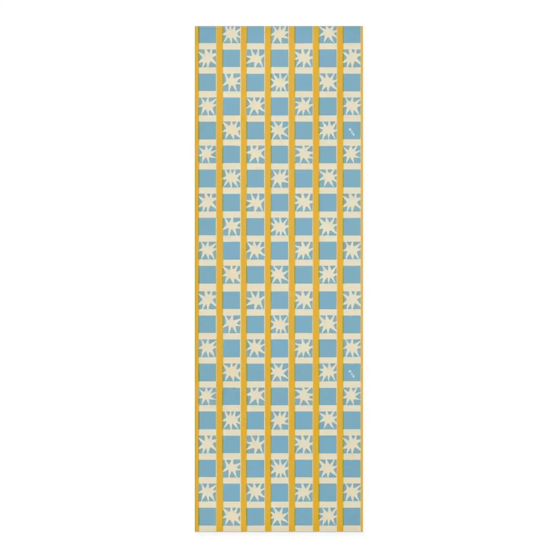 Golden solstice yoga mat in a blue, cream and gold checkered grid with starburst squares