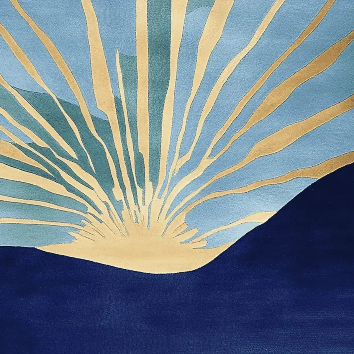 Golden Sunrise Hand Tufted Area Rug featuring an abstract design in shades of blue and gold, ideal for large living rooms. This contemporary wool rug adds a touch of elegance and modern style to any living space.