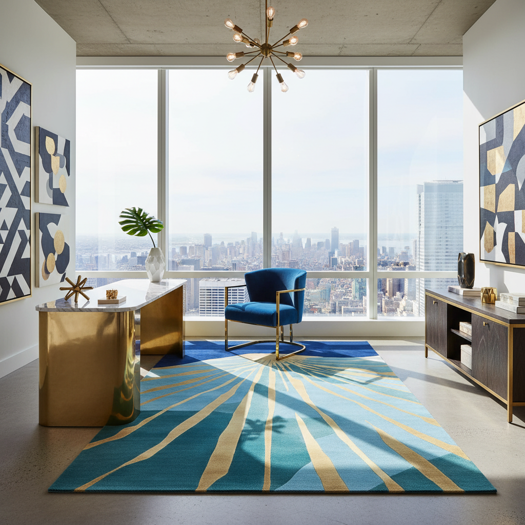 Modern office with a large window view, blue chair, and geometric rug.