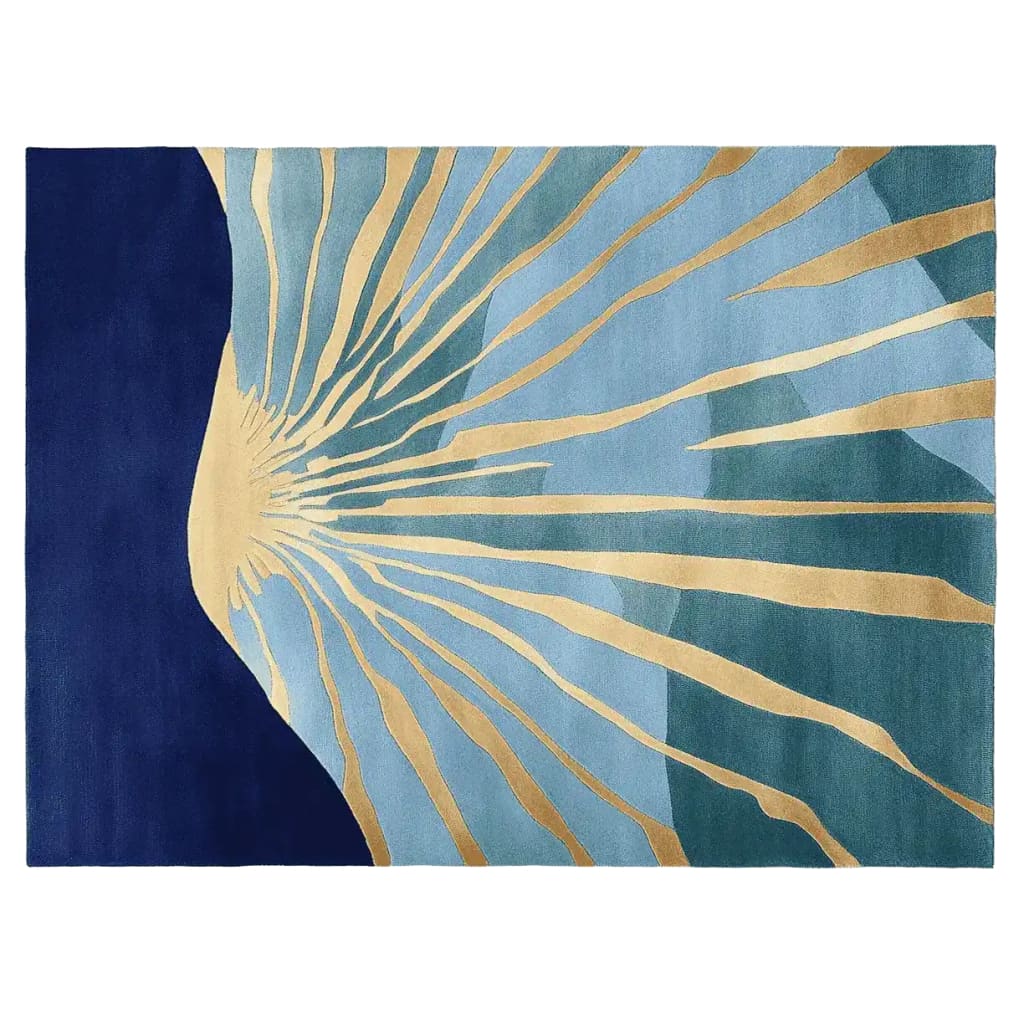 Elegant Golden Sunrise Hand Tufted Area Rug in a contemporary design featuring a blend of deep blue and light teal tones with radiant golden sunburst patterns. Perfect wool rug for large living room spaces, adding a modern touch to home decor.