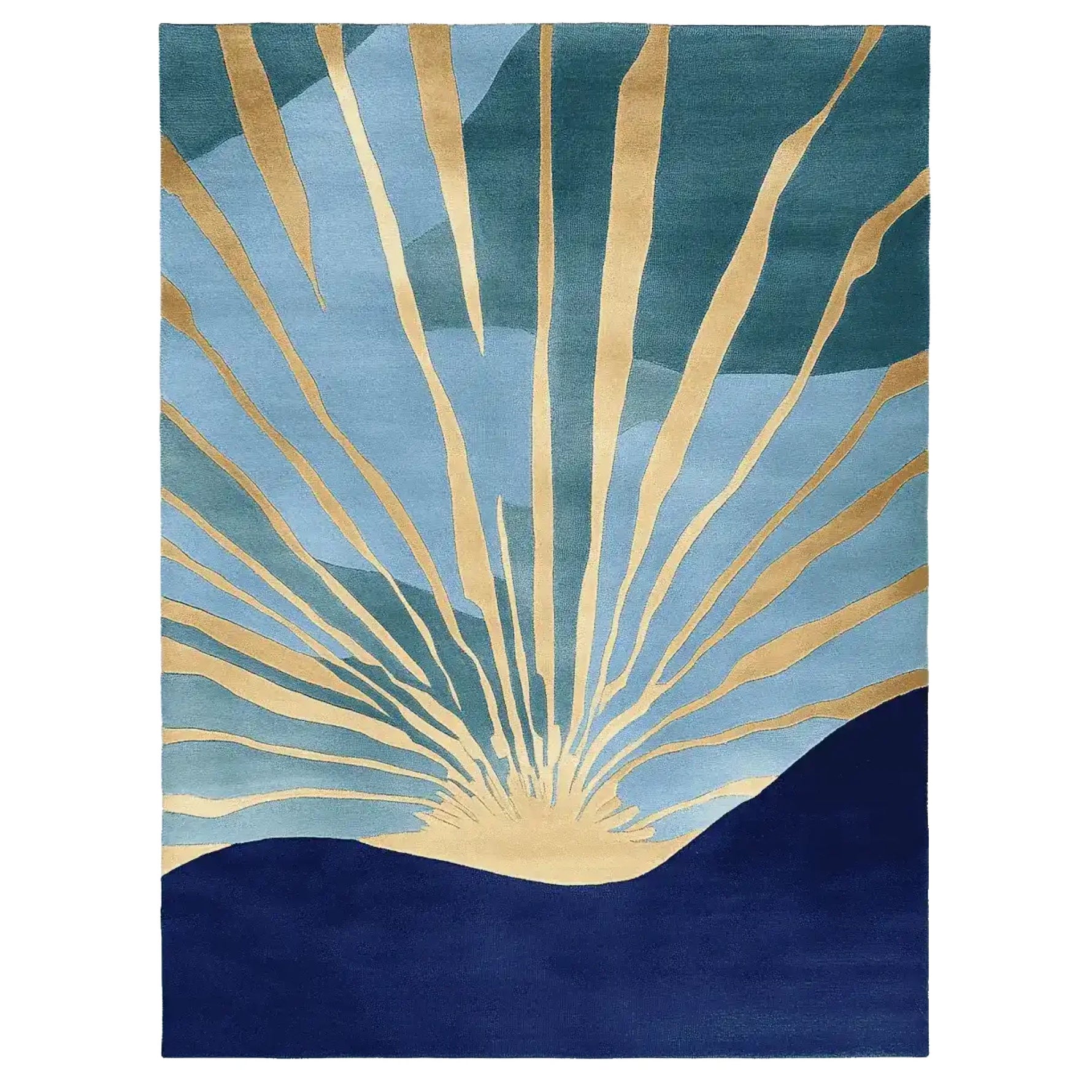 Modern office with a large window view, blue chair, and geometric rug.