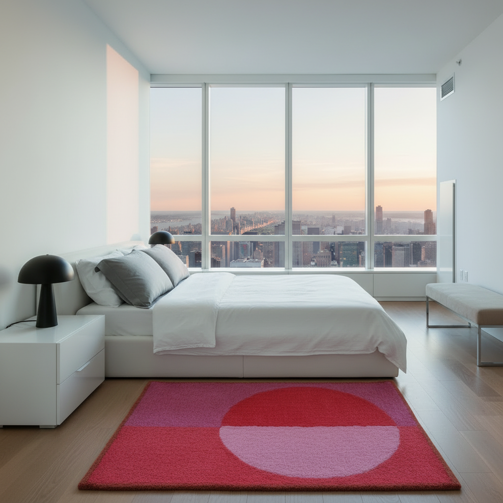 Modern bedroom with a large bed, pink rug, and cityscape view.